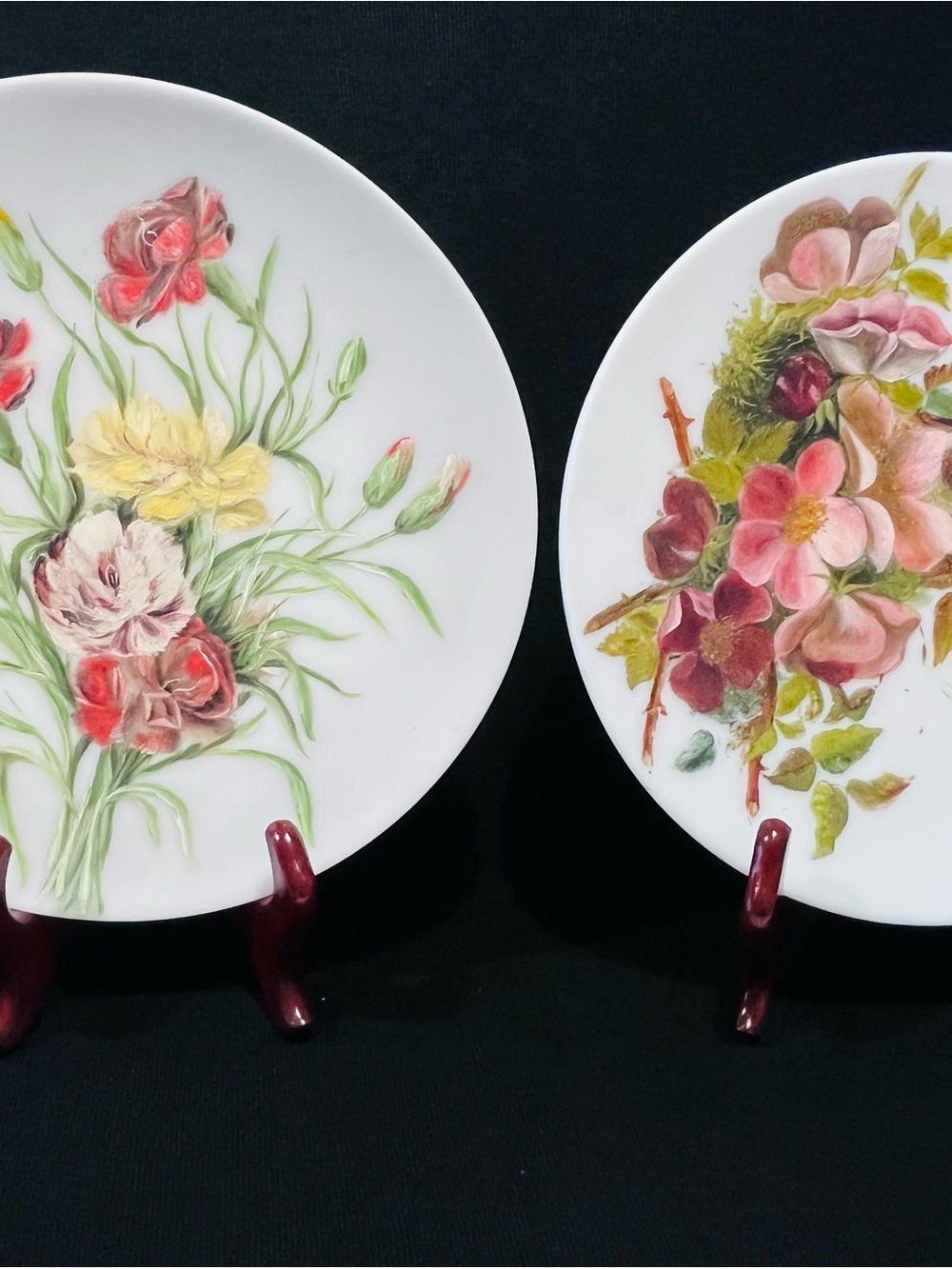 Antique 1900’s Floral Painting on Hand Blown Milk Glass Plates Set of 2